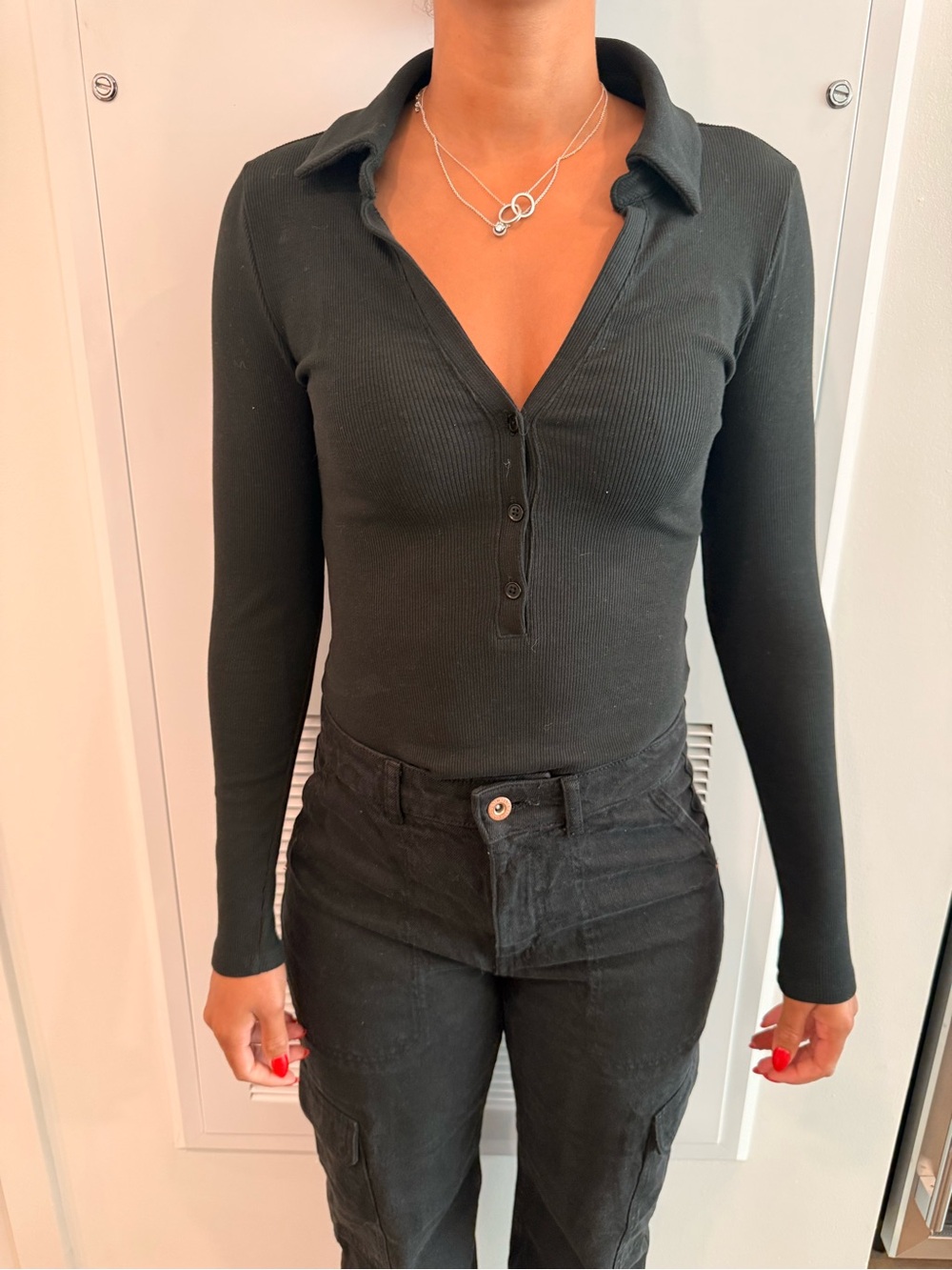 Express Black Ribbed Long-Sleeve Polo Henley Top